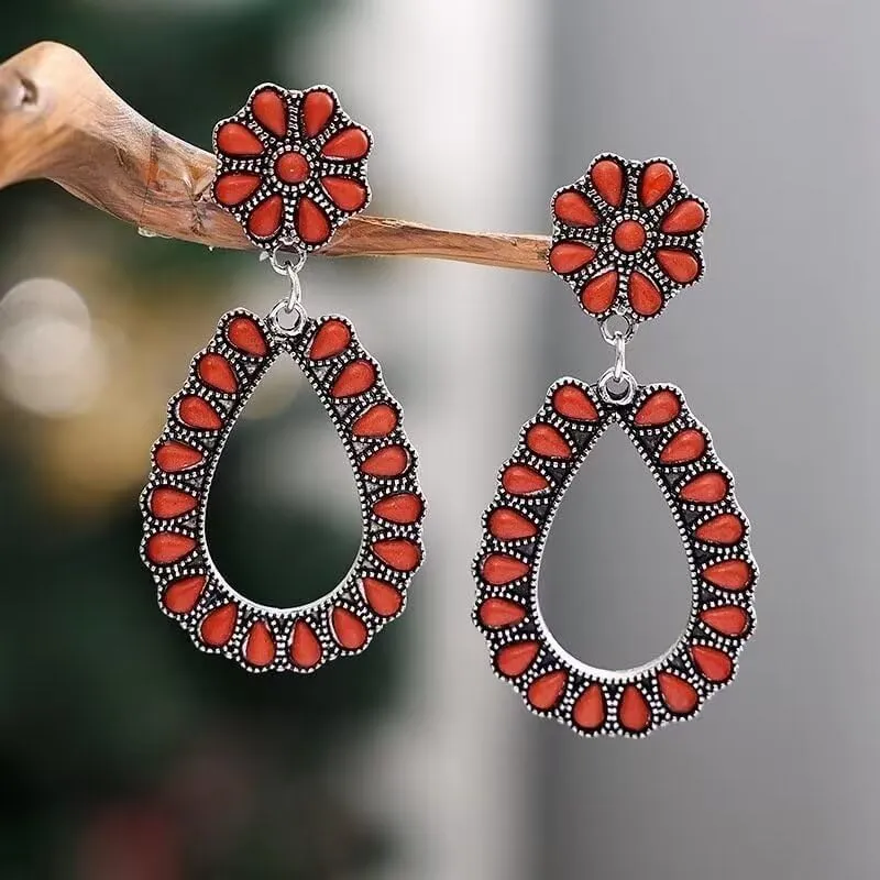Turquoise Bohemian Dangle Metal Large Oval Earrings Statement Teardrop Earrings Western Earrings for Women