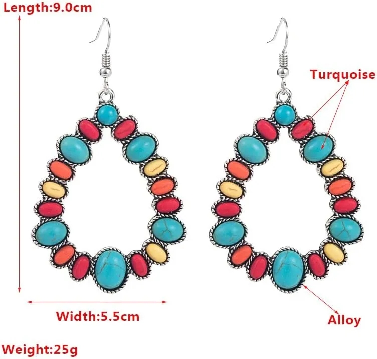Turquoise Bohemian Dangle Metal Large Oval Earrings Statement Teardrop Earrings Western Earrings for Women