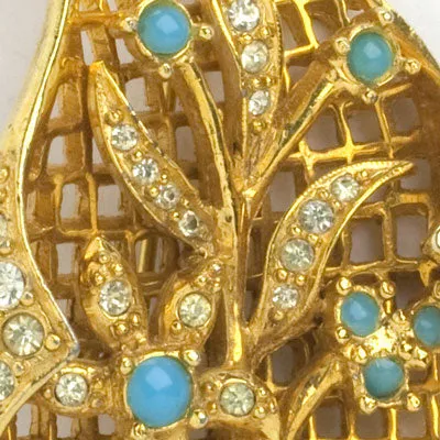 Turquoise, Diamanté & Gold Brooch by Hattie Carnegie