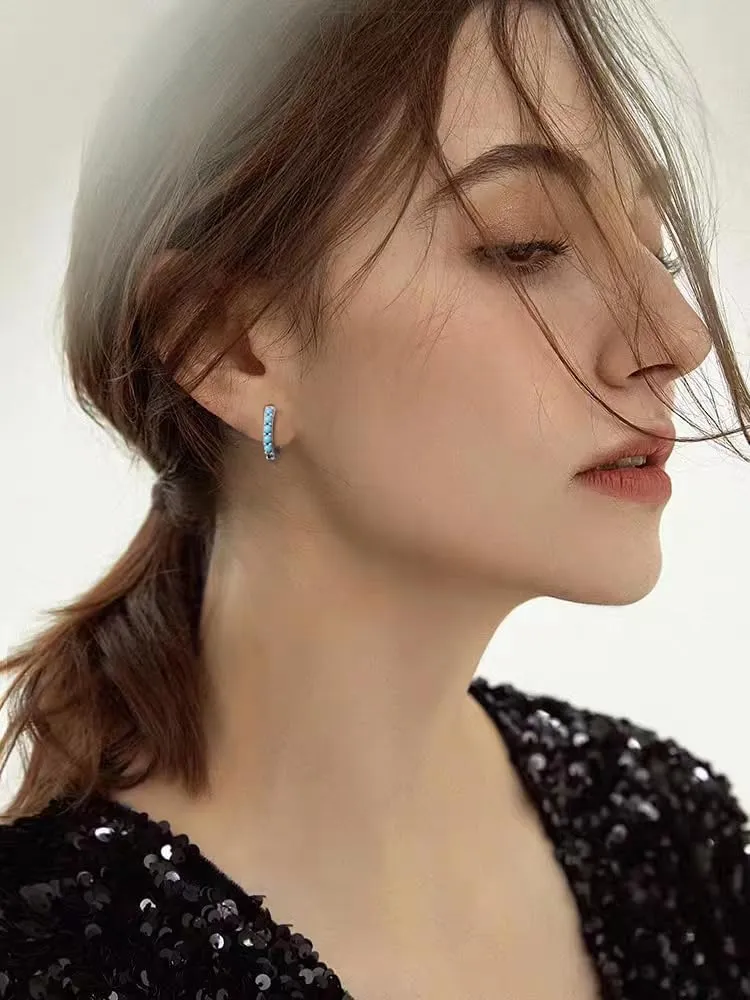 Turquoise Western Small Huggie Hoop Earrings For Women Set,925 Sterling Silver Zircon Hoop Earrings,Birthstone Cartilage Hoops Dainty,Blue Gemstone CZ Dangle Hoops,Fashion Jewelry Gifts.
