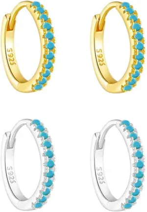 Turquoise Western Small Huggie Hoop Earrings For Women Set,925 Sterling Silver Zircon Hoop Earrings,Birthstone Cartilage Hoops Dainty,Blue Gemstone CZ Dangle Hoops,Fashion Jewelry Gifts.