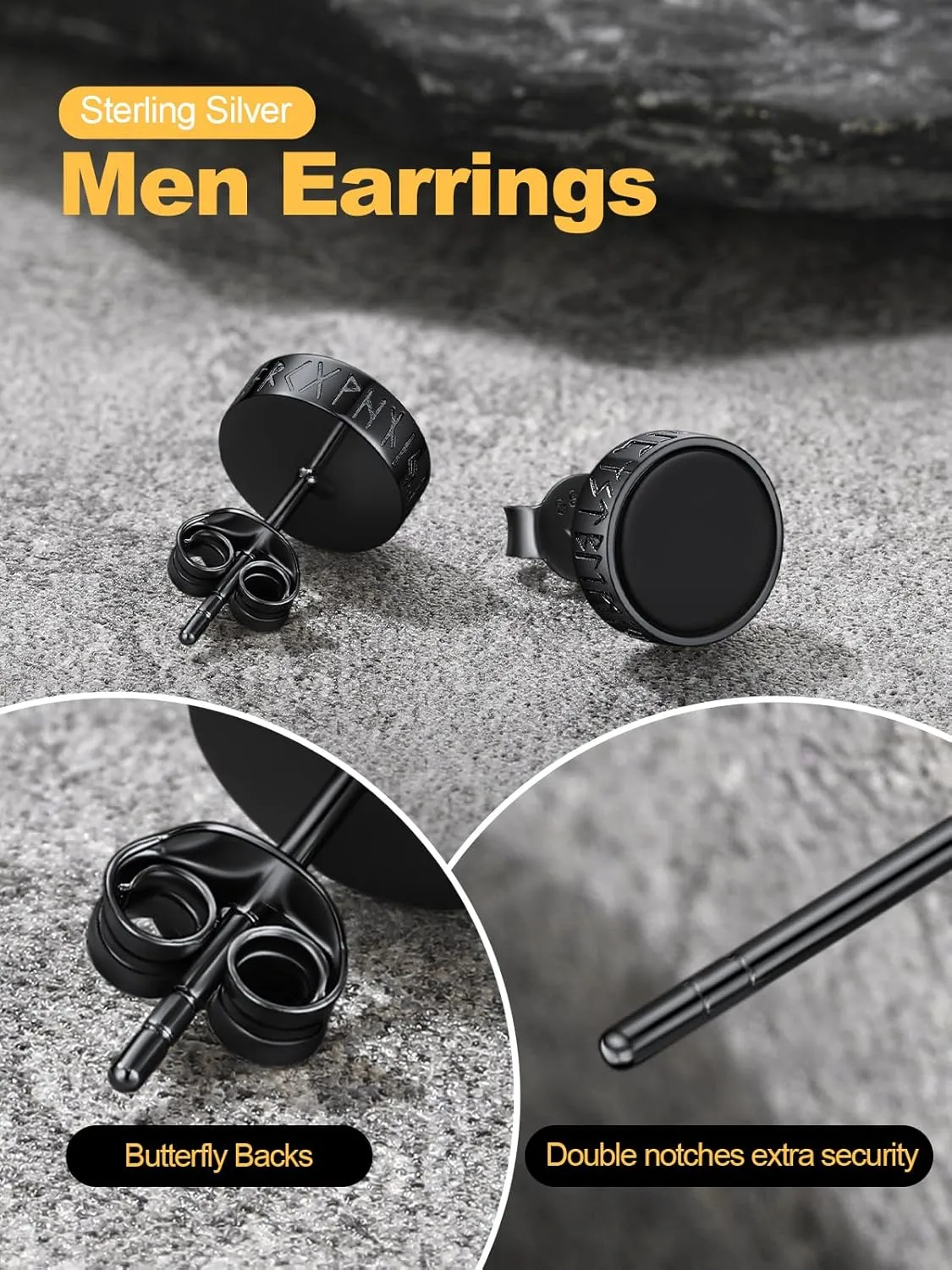 U7 925 Sterling Silver Black Onyx Stud Earrings with Viking Rune Cubic Zirconia Earrings for Men Women
