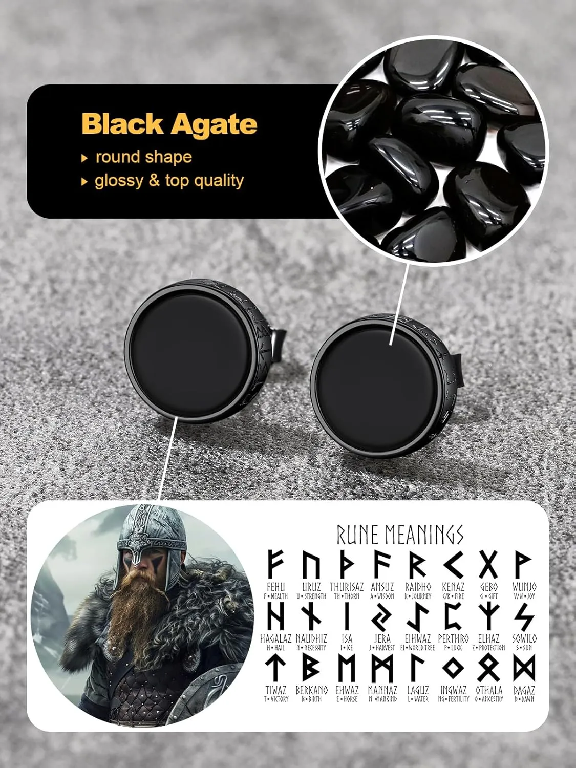 U7 925 Sterling Silver Black Onyx Stud Earrings with Viking Rune Cubic Zirconia Earrings for Men Women
