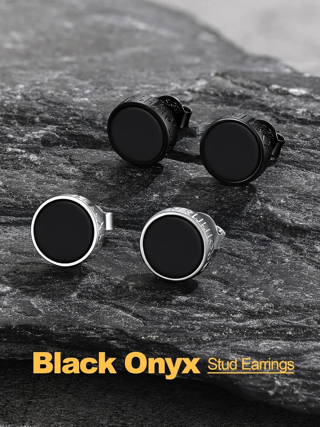 U7 925 Sterling Silver Black Onyx Stud Earrings with Viking Rune Cubic Zirconia Earrings for Men Women