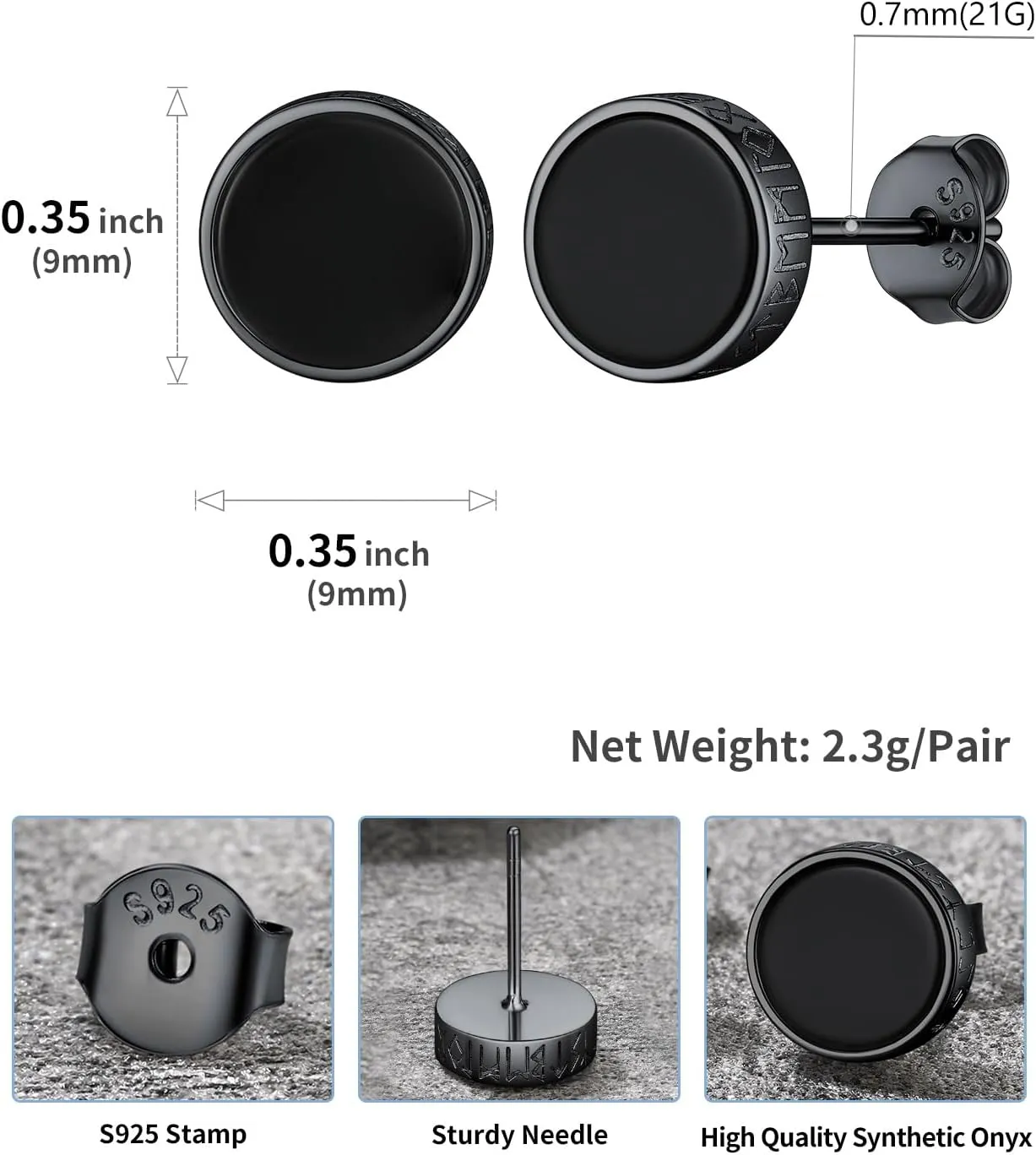 U7 925 Sterling Silver Black Onyx Stud Earrings with Viking Rune Cubic Zirconia Earrings for Men Women