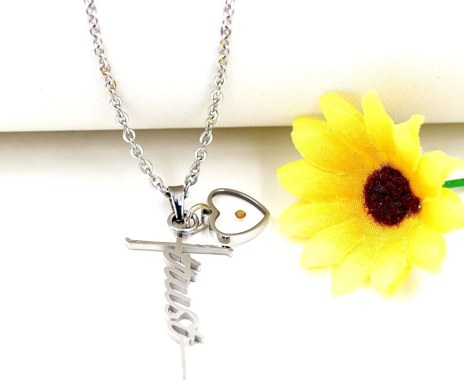 Uloveido Initial Faith Cross Necklace with Mustard Seed Heart Christian Jewelry Stainless Y1378