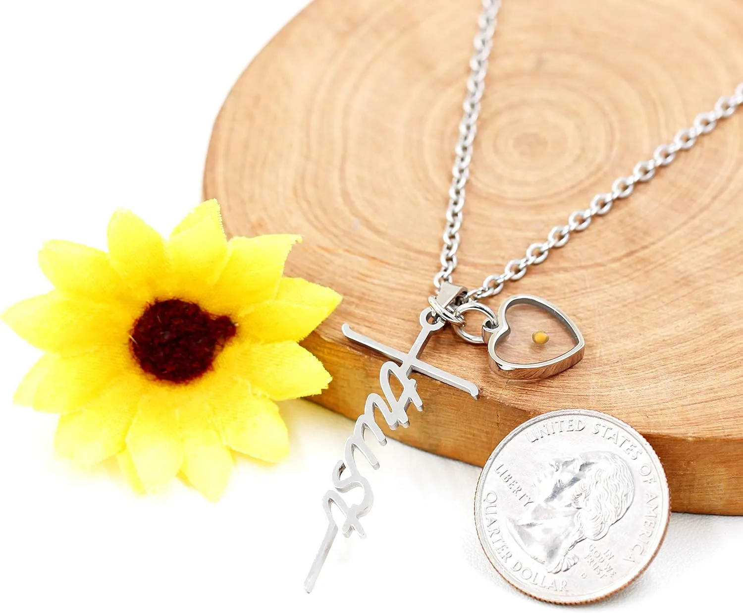 Uloveido Initial Faith Cross Necklace with Mustard Seed Heart Christian Jewelry Stainless Y1378
