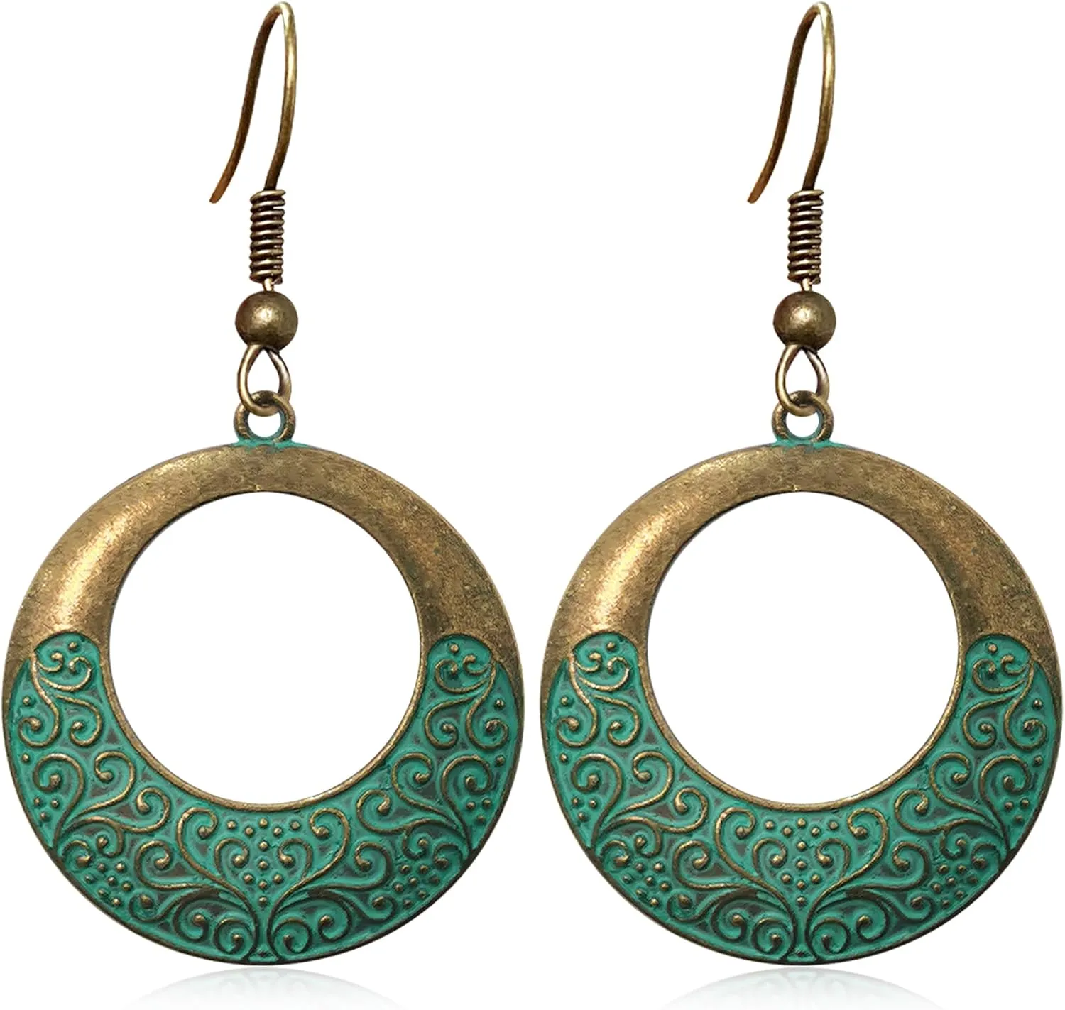 Unique Handmade Bohemian Bronze Tribal Hoop Spiral Hook Earring Hypoallergenic Vintage Silver Circle Hoop Geometry Dangle Drop Earrings for Women Statement Jewelry Gifts