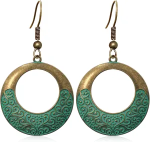 Unique Handmade Bohemian Bronze Tribal Hoop Spiral Hook Earring Hypoallergenic Vintage Silver Circle Hoop Geometry Dangle Drop Earrings for Women Statement Jewelry Gifts