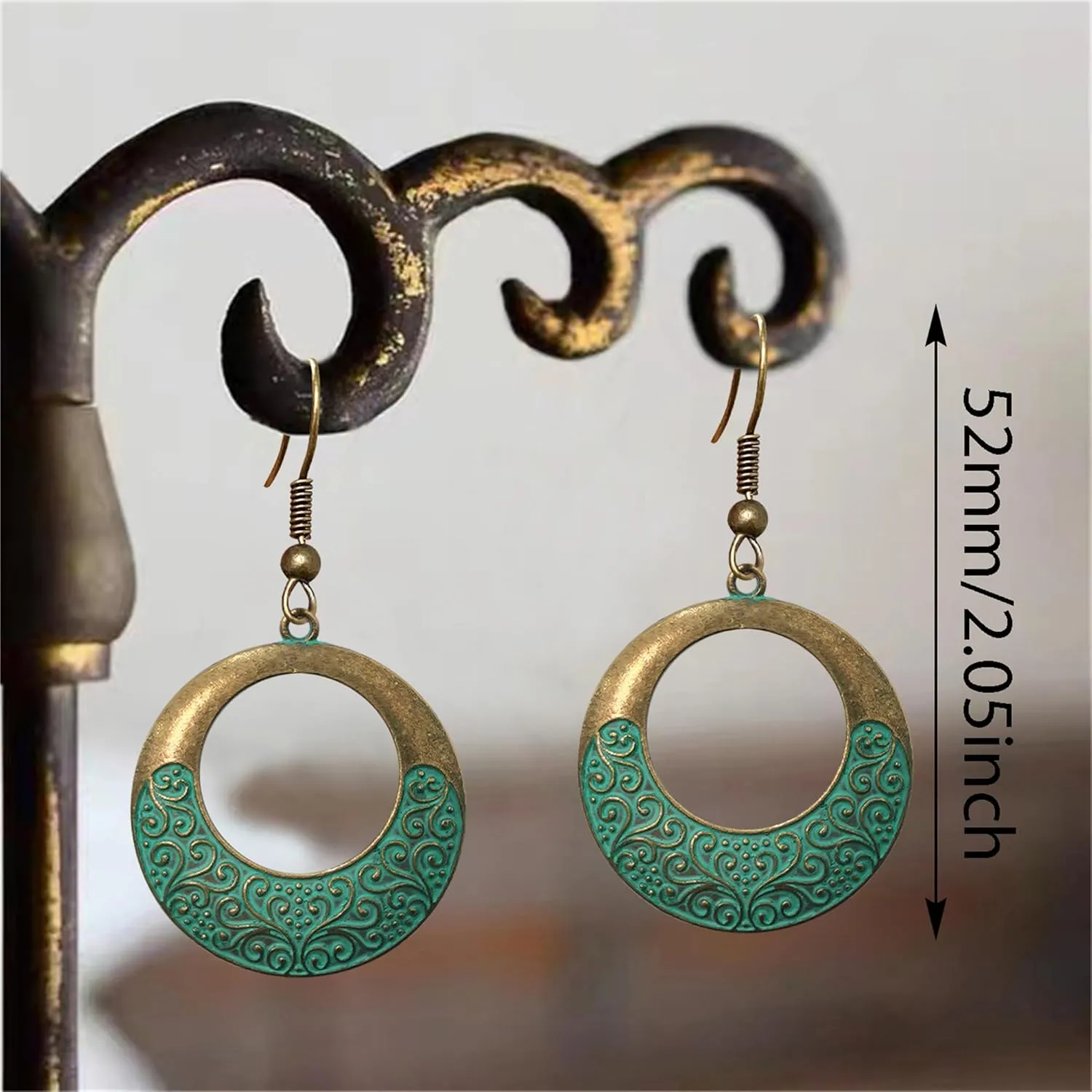 Unique Handmade Bohemian Bronze Tribal Hoop Spiral Hook Earring Hypoallergenic Vintage Silver Circle Hoop Geometry Dangle Drop Earrings for Women Statement Jewelry Gifts