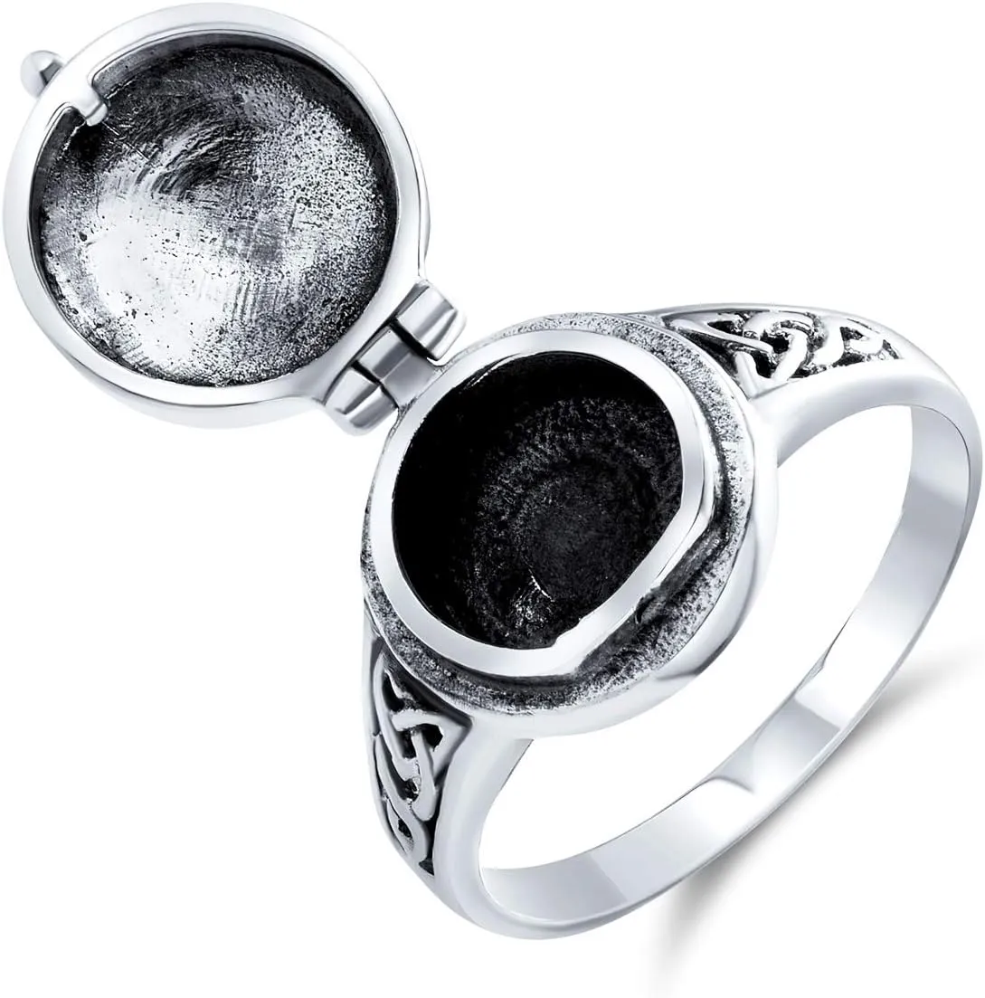 Unisex Celtic Knot Friendship Couples Promise Heart Memorial Keepsake Claddagh Signet Locket Poison Ring For Women Men Teen Oxidized .925 Sterling Silver