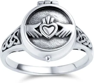 Unisex Celtic Knot Friendship Couples Promise Heart Memorial Keepsake Claddagh Signet Locket Poison Ring For Women Men Teen Oxidized .925 Sterling Silver