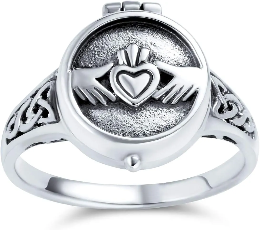 Unisex Celtic Knot Friendship Couples Promise Heart Memorial Keepsake Claddagh Signet Locket Poison Ring For Women Men Teen Oxidized .925 Sterling Silver