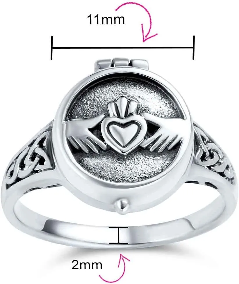 Unisex Celtic Knot Friendship Couples Promise Heart Memorial Keepsake Claddagh Signet Locket Poison Ring For Women Men Teen Oxidized .925 Sterling Silver