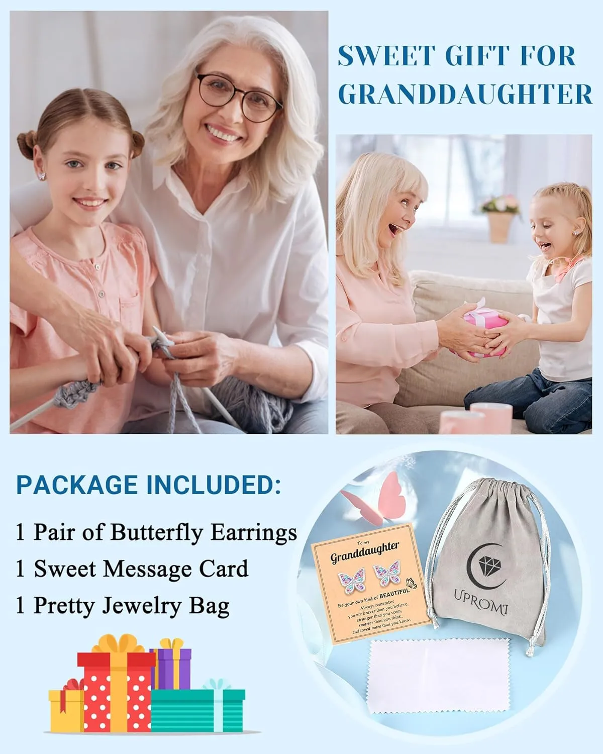 UPROMI Hypoallergenic Butterfly Earrings for Daughter/Granddaughter/Niece, Valentines Christmas Birthday Gifts for Girls