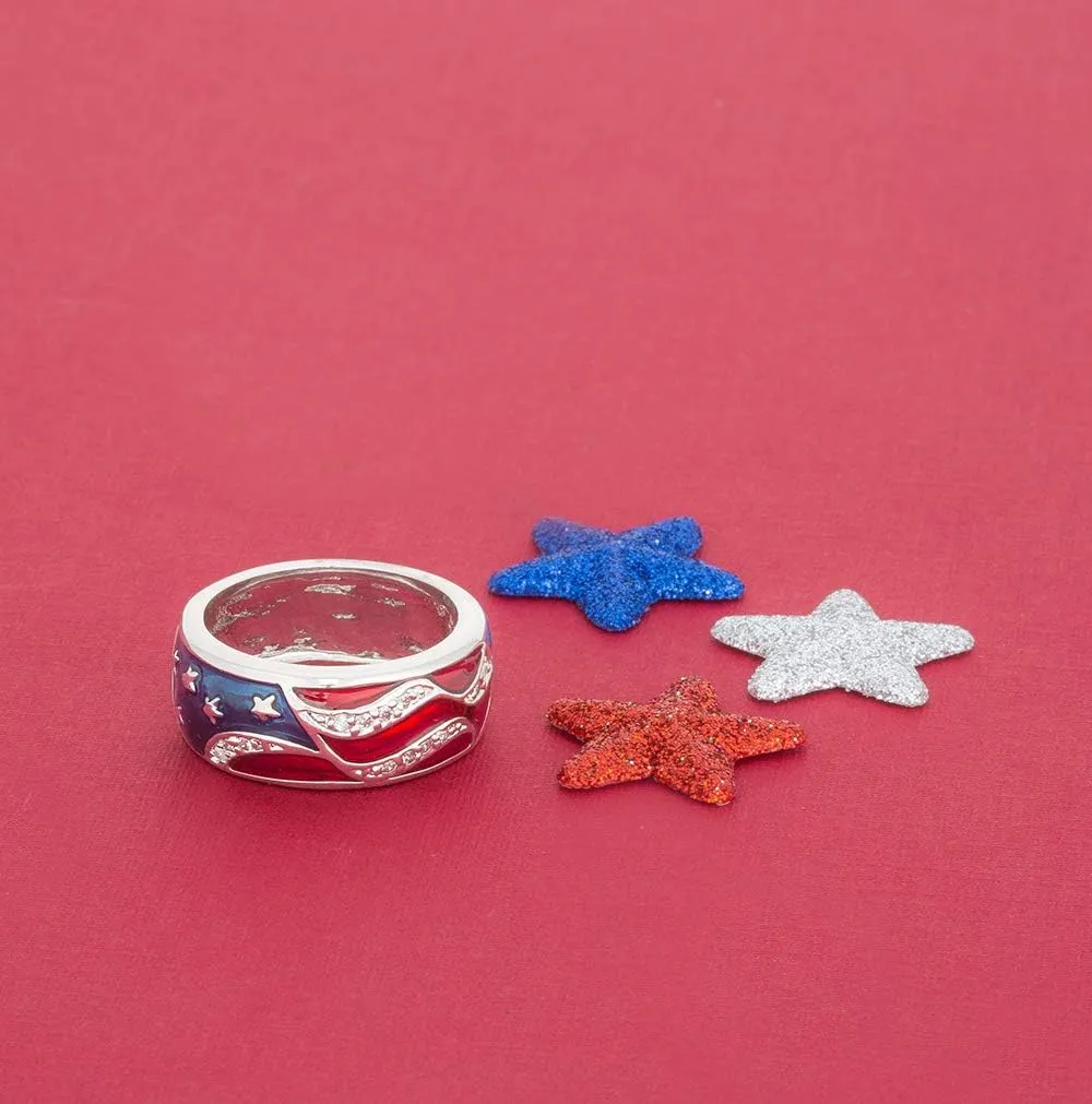USA American Flag Patriotic Ring with Red and Blue Enamel and Cubic Zirconia
