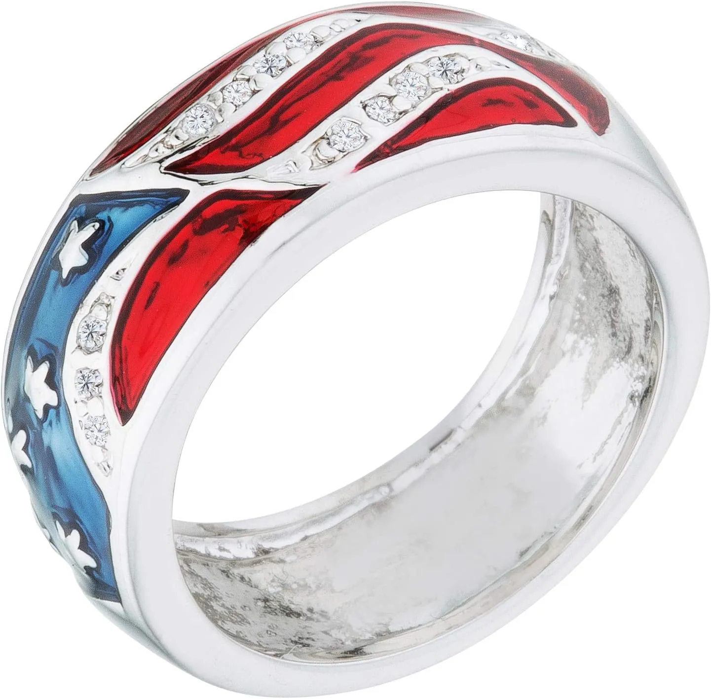 USA American Flag Patriotic Ring with Red and Blue Enamel and Cubic Zirconia