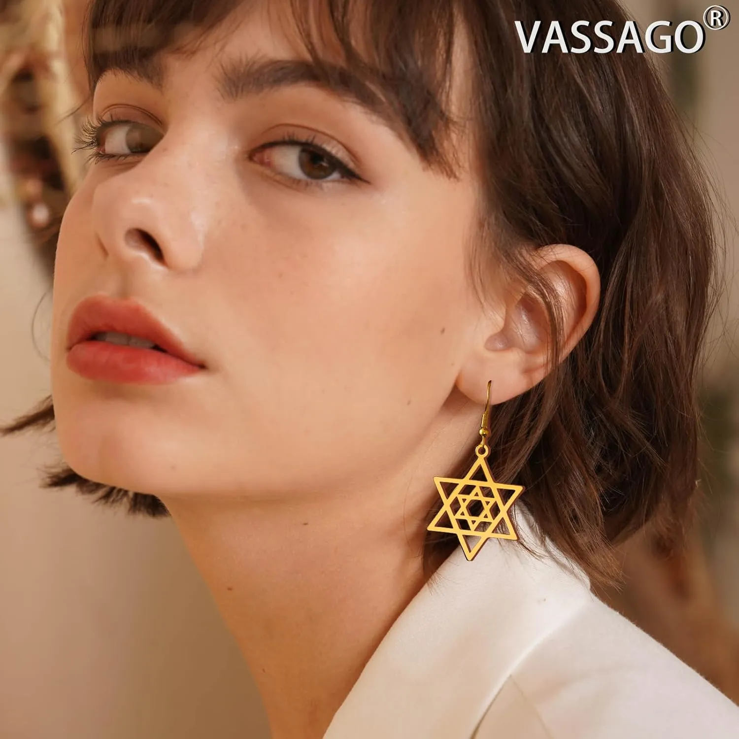 VASSAGO Star of David Earrings for Women Jewish Star with Cross Dangle Drop Earrings Stainless Steel Six pointed Star Earrings Israel Religious Jewish Hanukkah Jewelry Gift