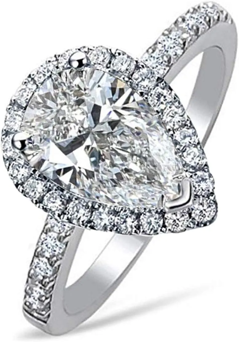 Venetia Top Grade Pear Tear Drop Cut 2 Carats Simulated Diamond Band Ring Solid 925 Silver Platinum Plated Halo