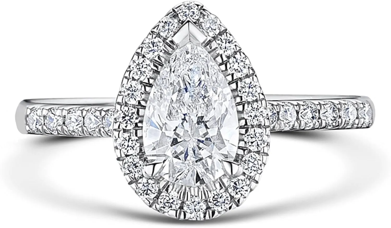 Venetia Top Grade Pear Tear Drop Cut 2 Carats Simulated Diamond Band Ring Solid 925 Silver Platinum Plated Halo