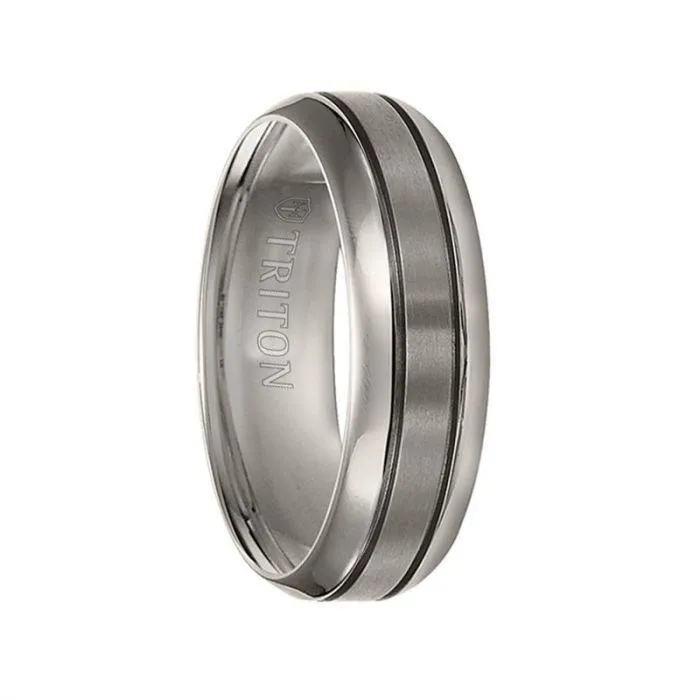 VERNON Domed Titanium Comfort Fit Wedding Band with Satin Finish Center, Offset Grooves and Polished Edges by Triton Rings - 7 mm