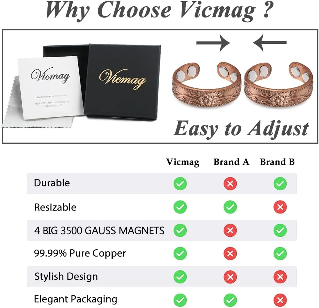 Vicmag Copper Magnetic Ring for Women 99.9% Copper Finger Ring Strong Magnet Ring Copper Jewelry Gift Adjustable