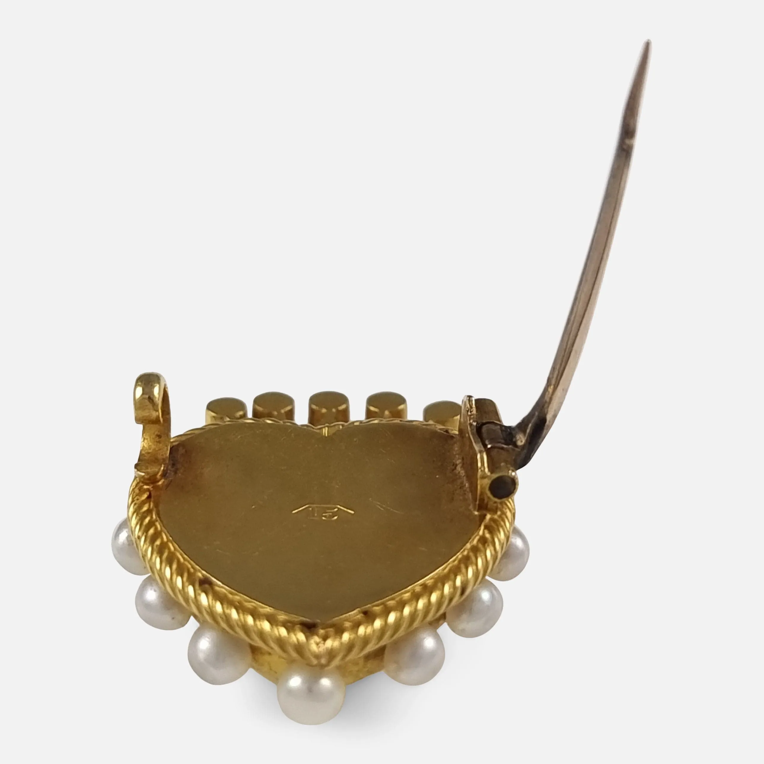 Victorian 15ct Gold Chalcedony and Pearl Heart Brooch