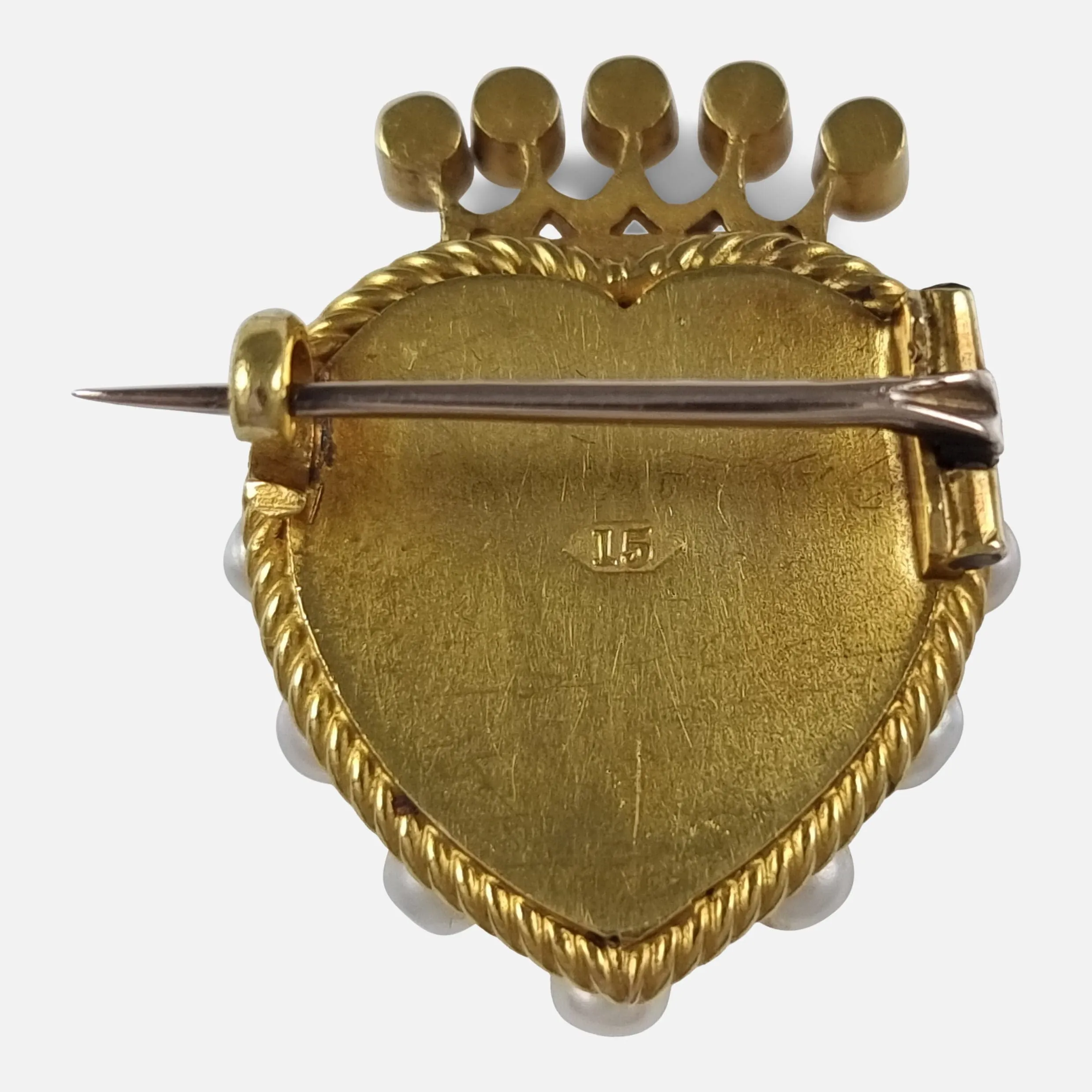 Victorian 15ct Gold Chalcedony and Pearl Heart Brooch
