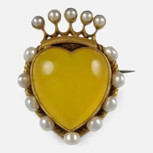 Victorian 15ct Gold Chalcedony and Pearl Heart Brooch