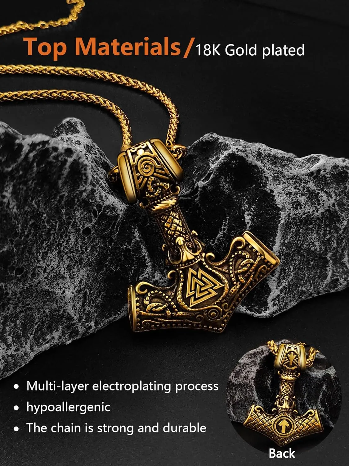 Viking Thor's Hammer Necklace for Men, 18K Gold/Black/Stainless Steel Mjolnir Amulet Pendant Norse Pagan Compass Nordic Viking Jewelry, with Gift Box