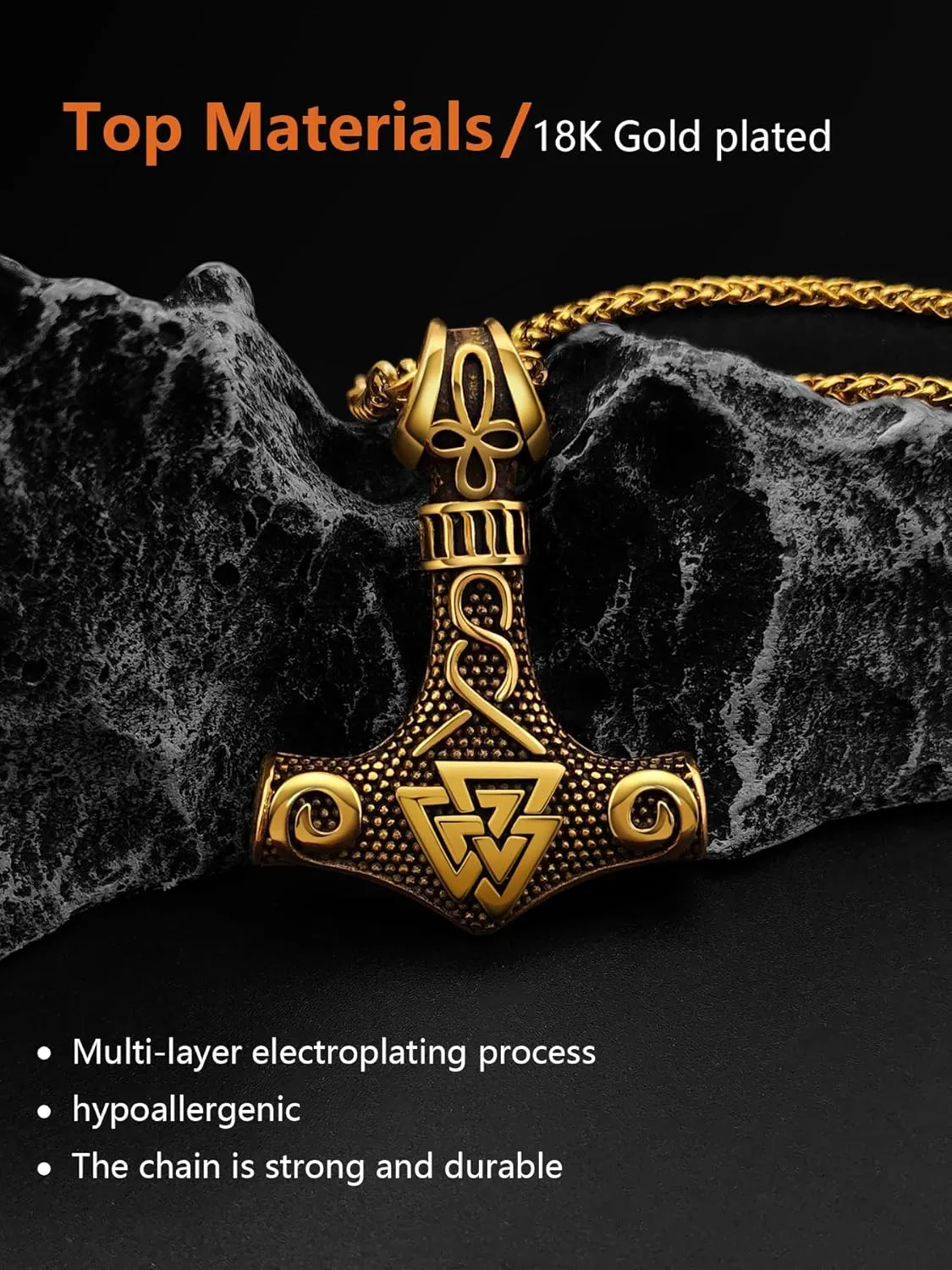 Viking Thor's Hammer Necklace for Men, 18K Gold/Black/Stainless Steel Mjolnir Amulet Pendant Norse Pagan Compass Nordic Viking Jewelry, with Gift Box