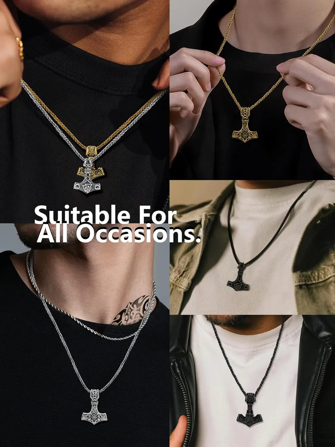 Viking Thor's Hammer Necklace for Men, 18K Gold/Black/Stainless Steel Mjolnir Amulet Pendant Norse Pagan Compass Nordic Viking Jewelry, with Gift Box