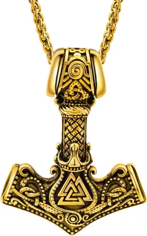Viking Thor's Hammer Necklace for Men, 18K Gold/Black/Stainless Steel Mjolnir Amulet Pendant Norse Pagan Compass Nordic Viking Jewelry, with Gift Box