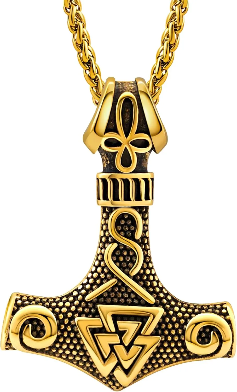 Viking Thor's Hammer Necklace for Men, 18K Gold/Black/Stainless Steel Mjolnir Amulet Pendant Norse Pagan Compass Nordic Viking Jewelry, with Gift Box