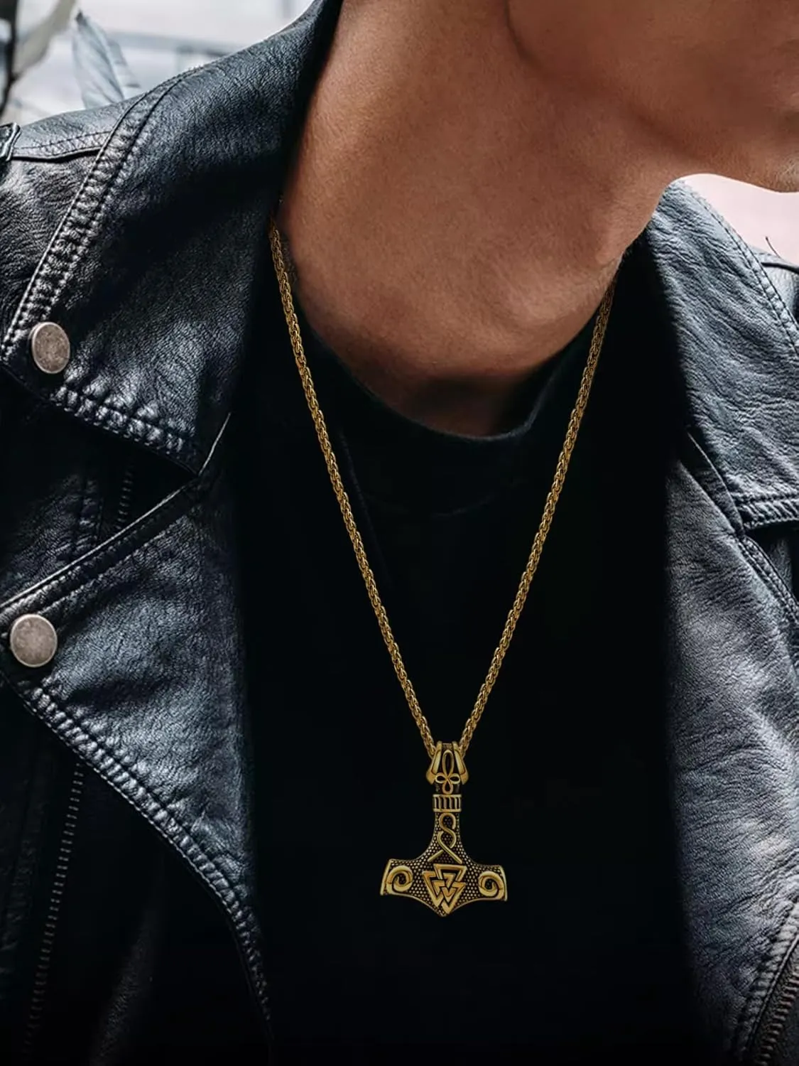 Viking Thor's Hammer Necklace for Men, 18K Gold/Black/Stainless Steel Mjolnir Amulet Pendant Norse Pagan Compass Nordic Viking Jewelry, with Gift Box