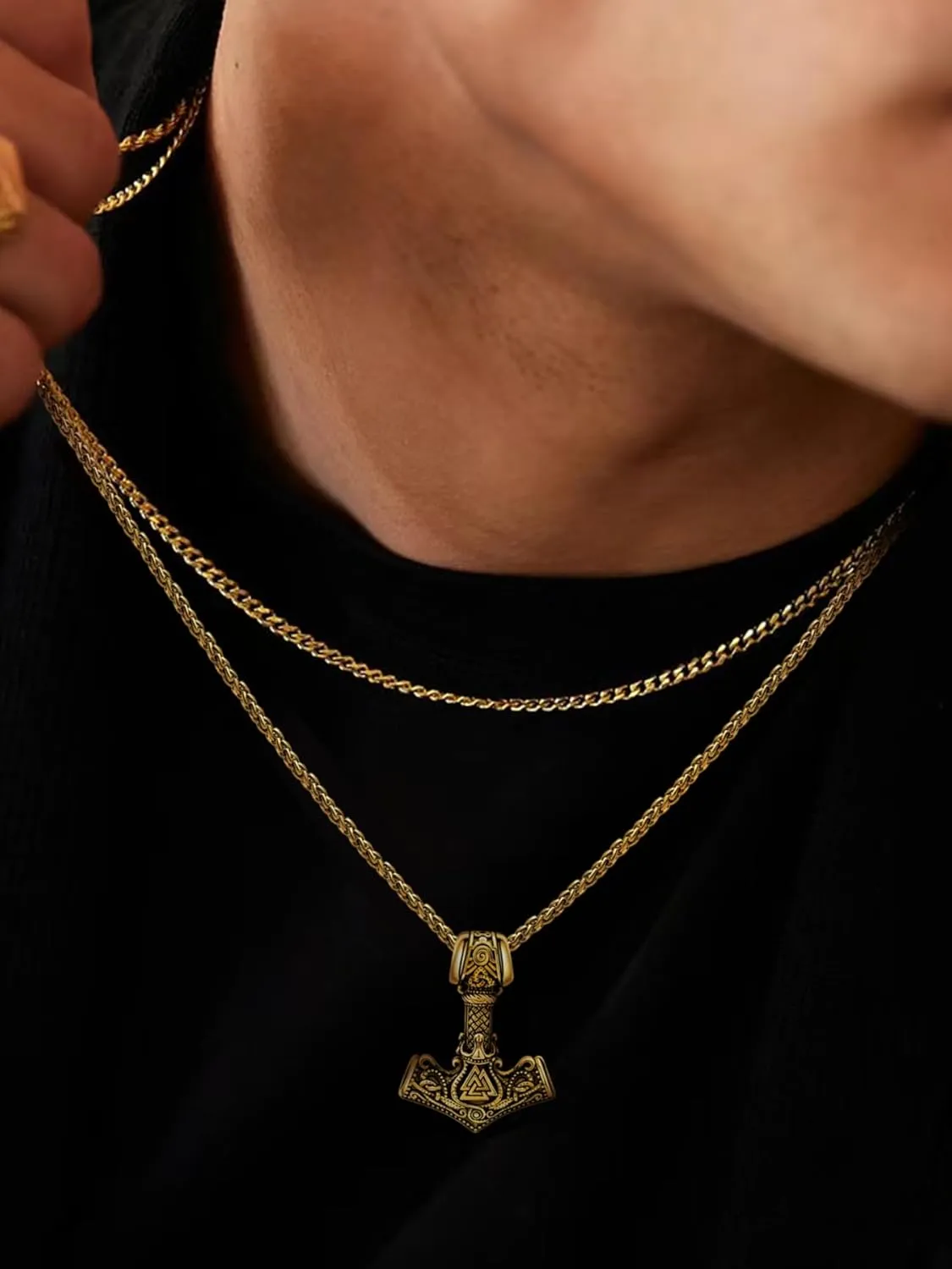 Viking Thor's Hammer Necklace for Men, 18K Gold/Black/Stainless Steel Mjolnir Amulet Pendant Norse Pagan Compass Nordic Viking Jewelry, with Gift Box