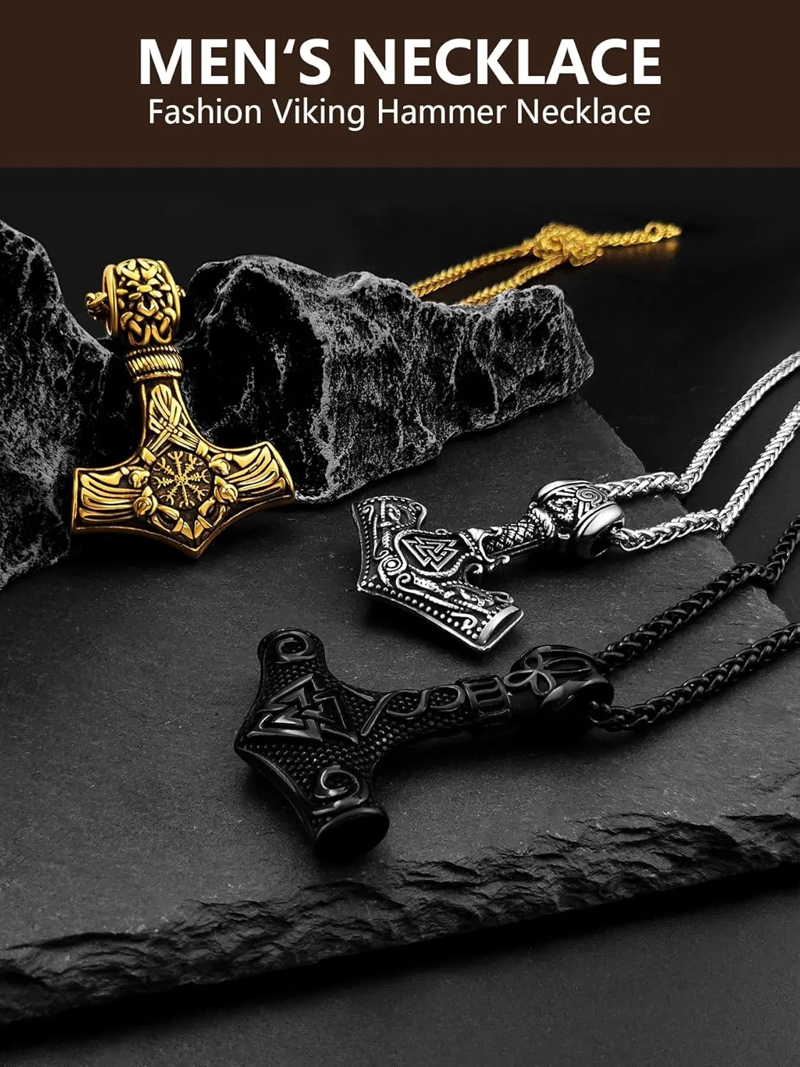 Viking Thor's Hammer Necklace for Men, 18K Gold/Black/Stainless Steel Mjolnir Amulet Pendant Norse Pagan Compass Nordic Viking Jewelry, with Gift Box