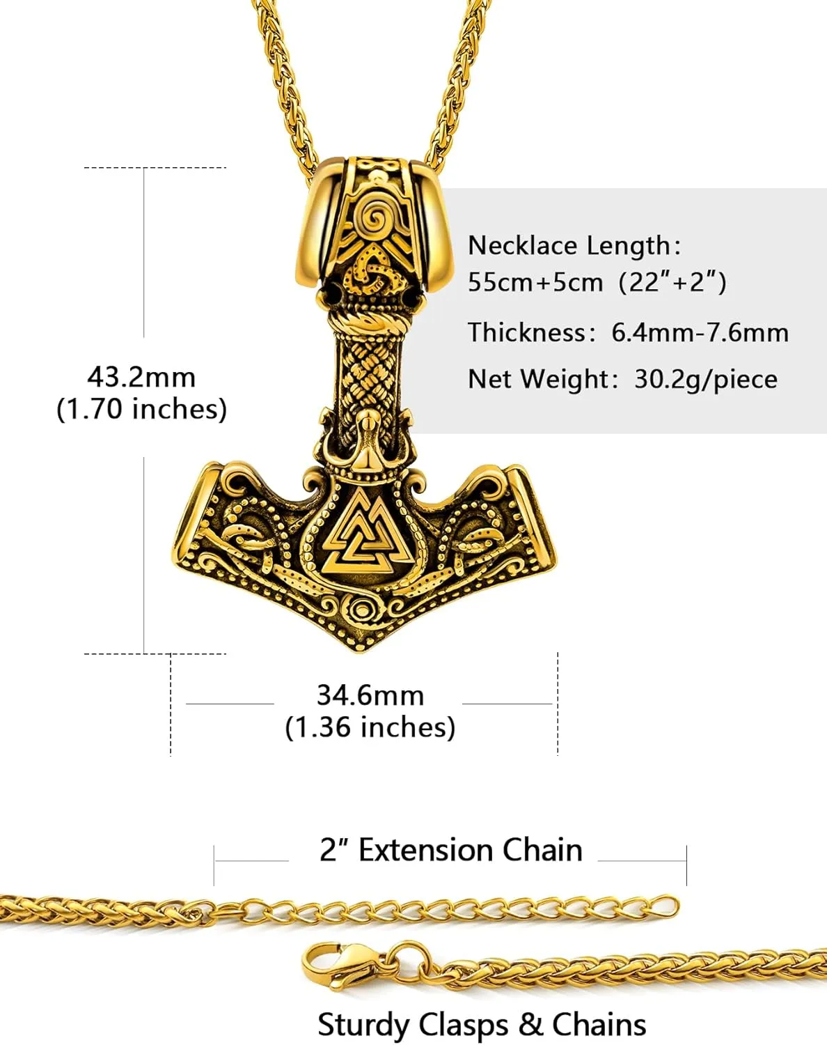 Viking Thor's Hammer Necklace for Men, 18K Gold/Black/Stainless Steel Mjolnir Amulet Pendant Norse Pagan Compass Nordic Viking Jewelry, with Gift Box