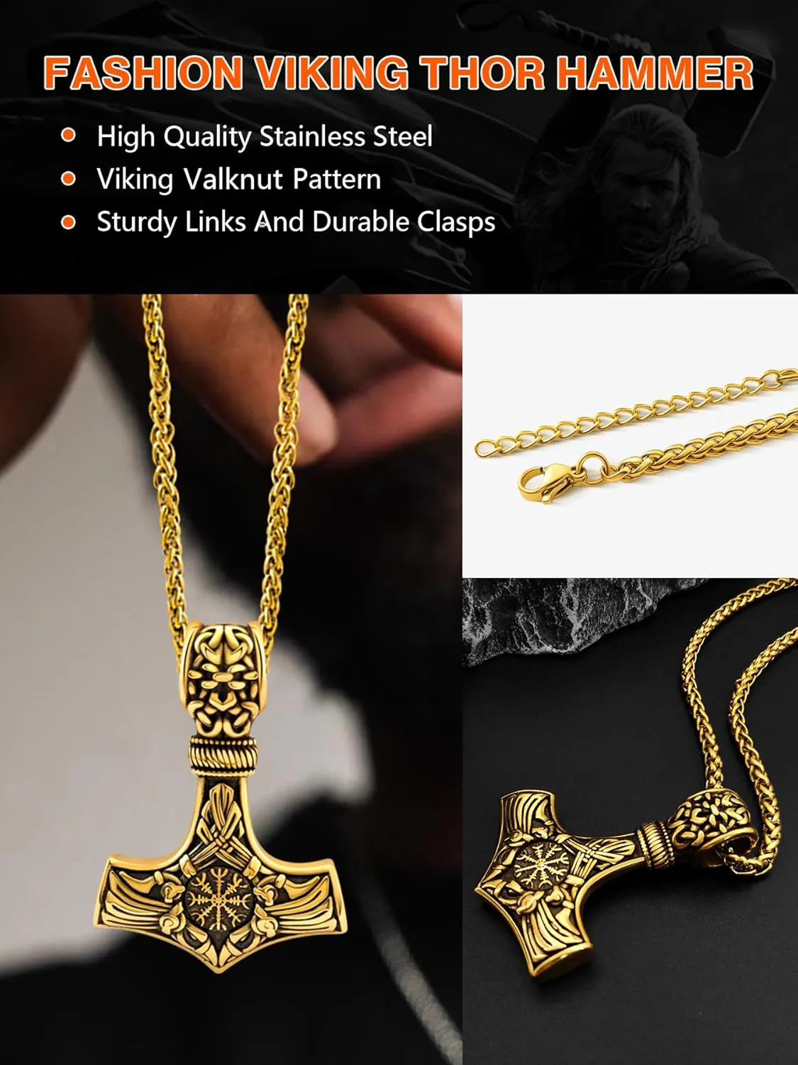 Viking Thor's Hammer Necklace for Men, 18K Gold/Black/Stainless Steel Mjolnir Amulet Pendant Norse Pagan Compass Nordic Viking Jewelry, with Gift Box