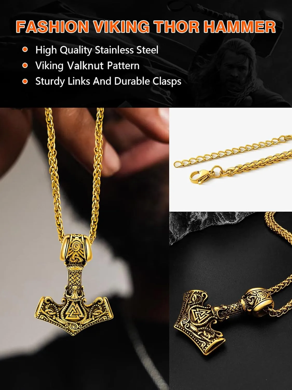 Viking Thor's Hammer Necklace for Men, 18K Gold/Black/Stainless Steel Mjolnir Amulet Pendant Norse Pagan Compass Nordic Viking Jewelry, with Gift Box
