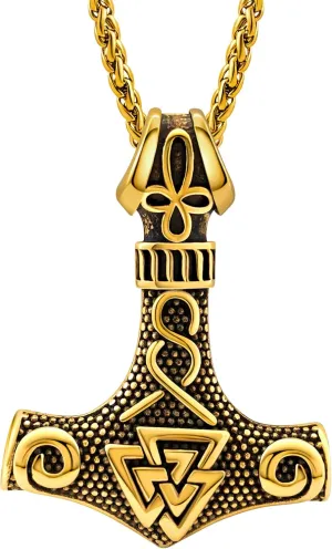 Viking Thor's Hammer Necklace for Men, 18K Gold/Black/Stainless Steel Mjolnir Amulet Pendant Norse Pagan Compass Nordic Viking Jewelry, with Gift Box