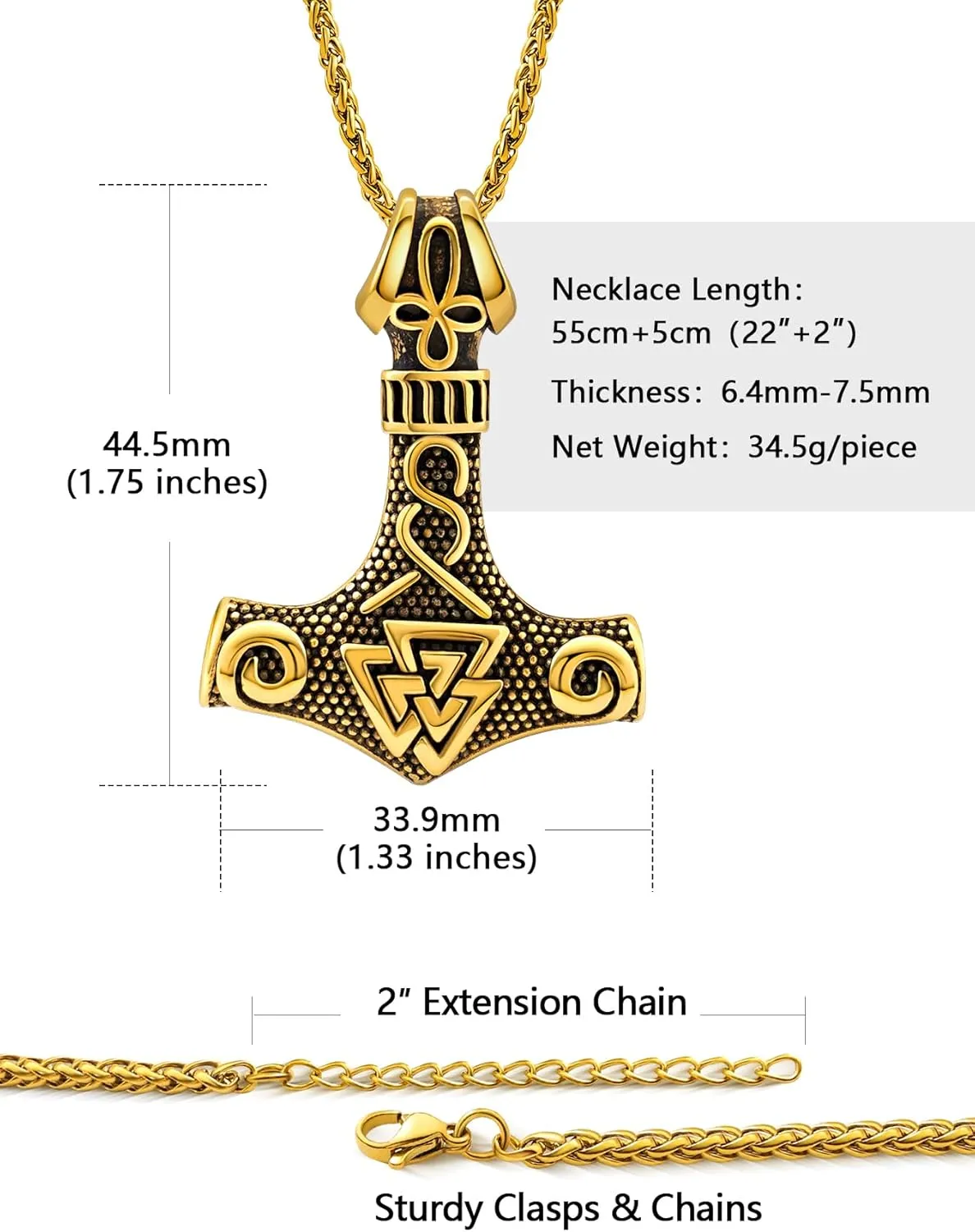 Viking Thor's Hammer Necklace for Men, 18K Gold/Black/Stainless Steel Mjolnir Amulet Pendant Norse Pagan Compass Nordic Viking Jewelry, with Gift Box