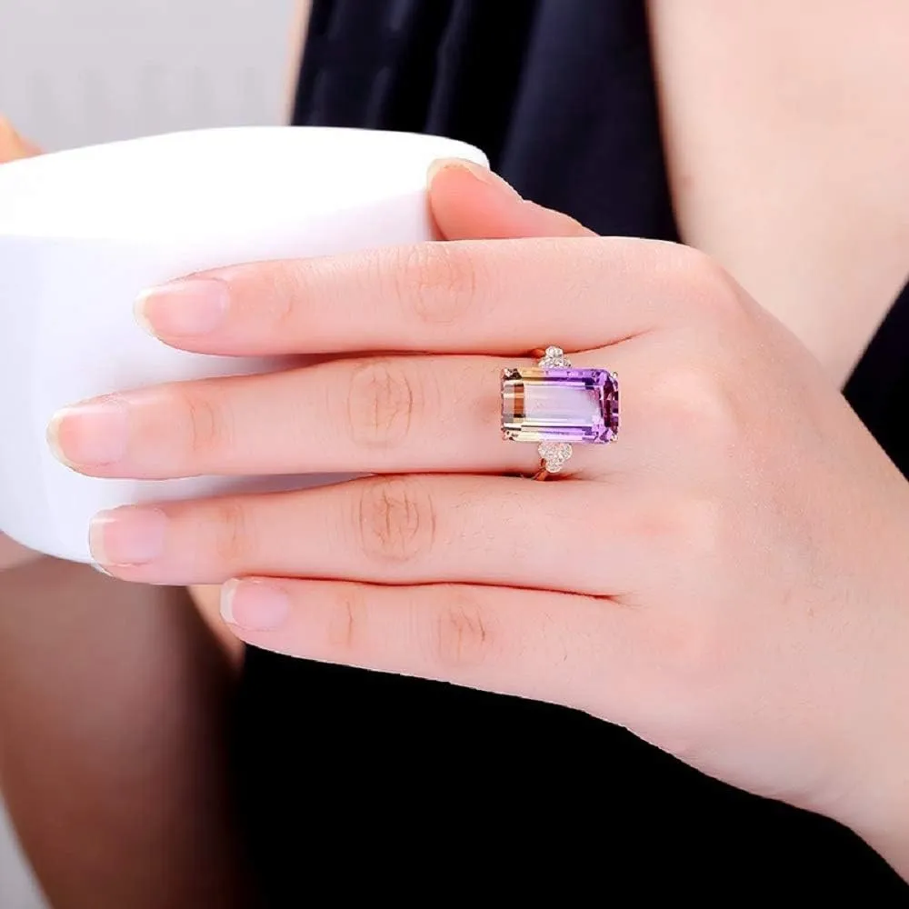 Vintage 18K Rose Gold Plated Purple Gemstone Emerald Cushion Cut Tourmaline Ring Women's Anniversary Engagement Jewelry