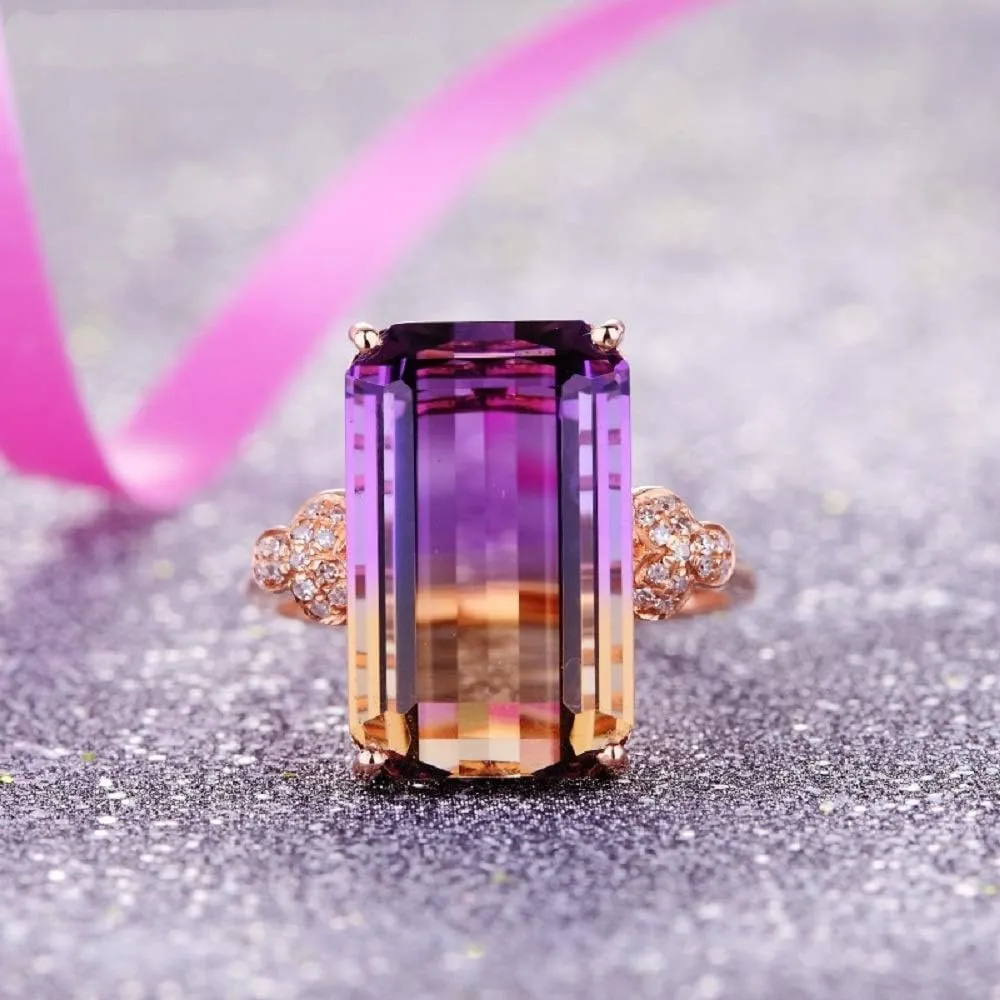 Vintage 18K Rose Gold Plated Purple Gemstone Emerald Cushion Cut Tourmaline Ring Women's Anniversary Engagement Jewelry