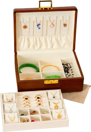 Vintage 2-Layer Solid Walnut Wooden Jewelry Box with Lock Key Velvet-Lined Organizer for Earrings Rings Necklaces Bracelets Watches Perfect Mothers Day Gift for Him & He