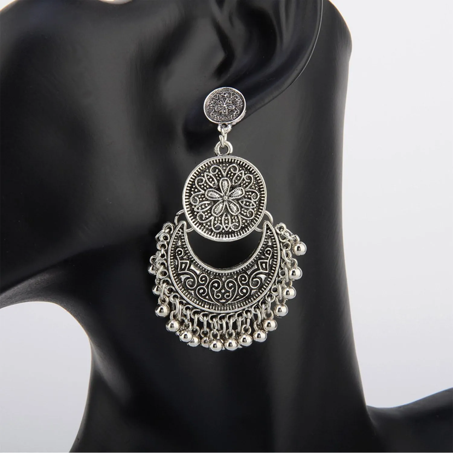 Vintage Antique Silver Dangle Chandelier Earrings Beaded Tassel Earring for Women