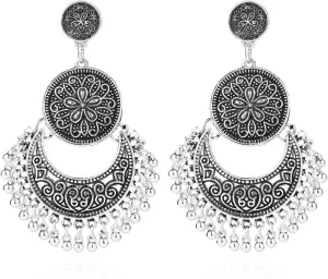Vintage Antique Silver Dangle Chandelier Earrings Beaded Tassel Earring for Women