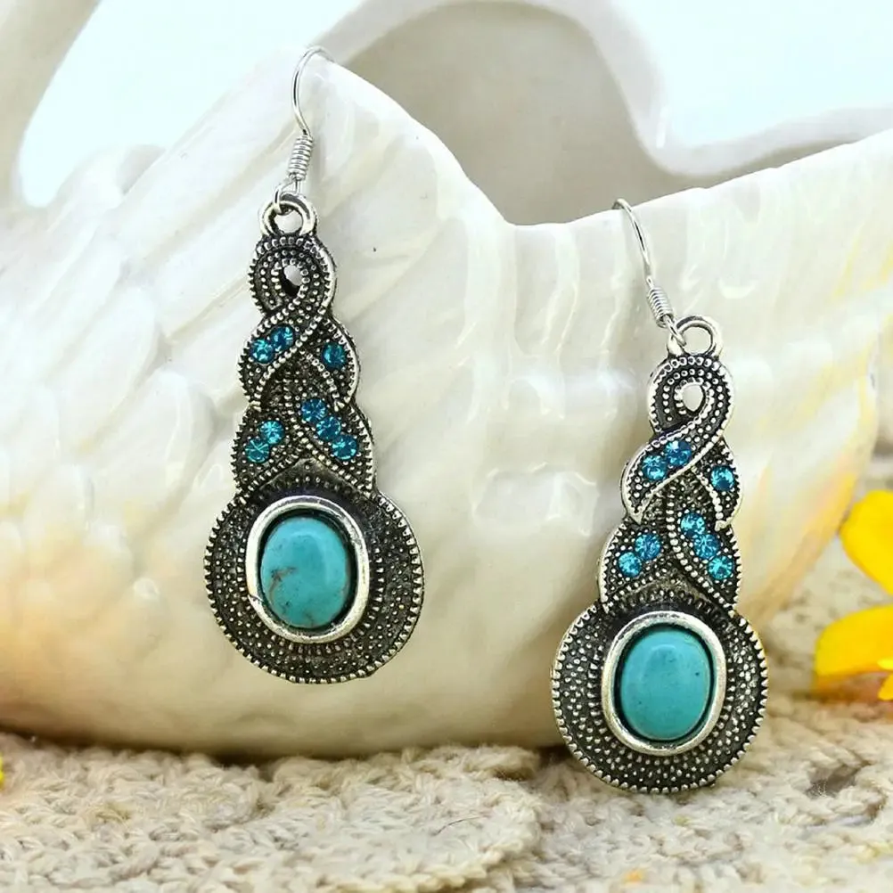 Vintage Bohemian CZ Natural Stone Green Turquoises Charms Pendants Necklaces Earrings For Women Jewelry Set