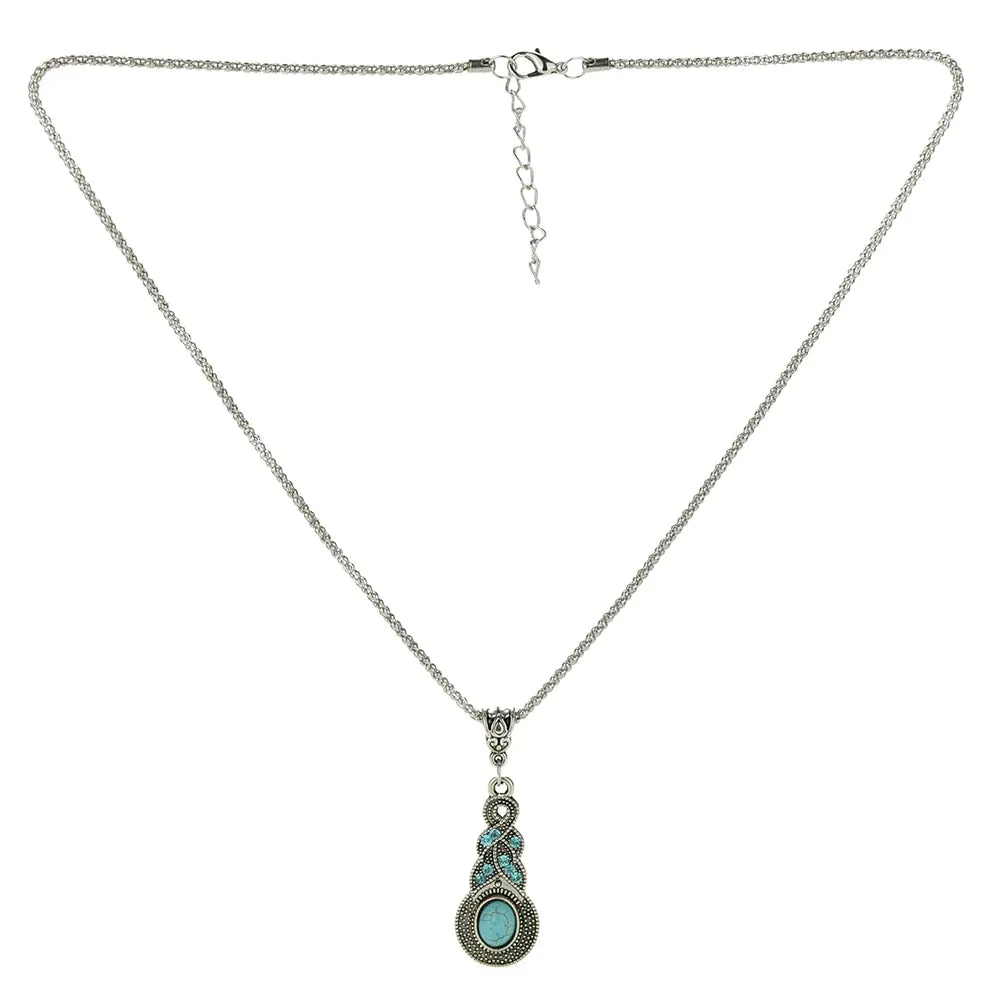 Vintage Bohemian CZ Natural Stone Green Turquoises Charms Pendants Necklaces Earrings For Women Jewelry Set