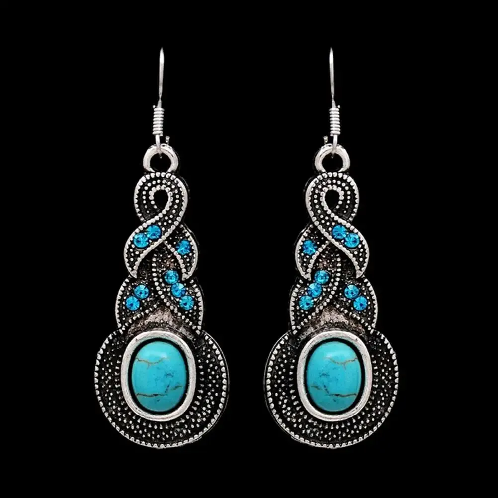 Vintage Bohemian CZ Natural Stone Green Turquoises Charms Pendants Necklaces Earrings For Women Jewelry Set